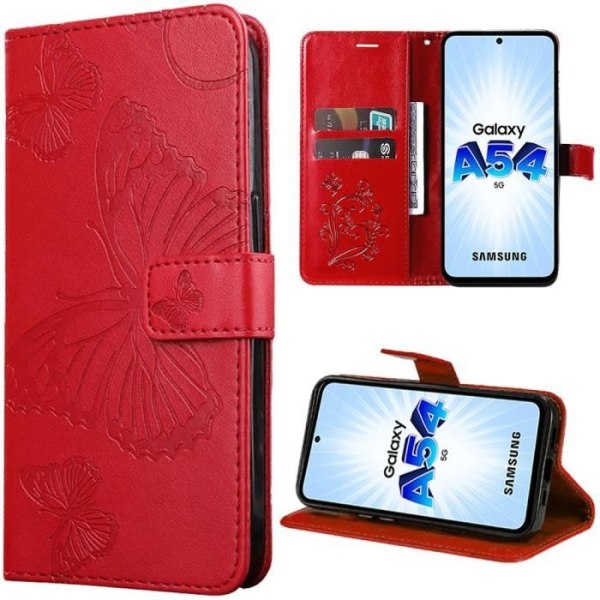 Fodral för Samsung Galaxy A54 5G, skyddande stötsäker flik med elegant fjärilsmönster lädereffekt Röd