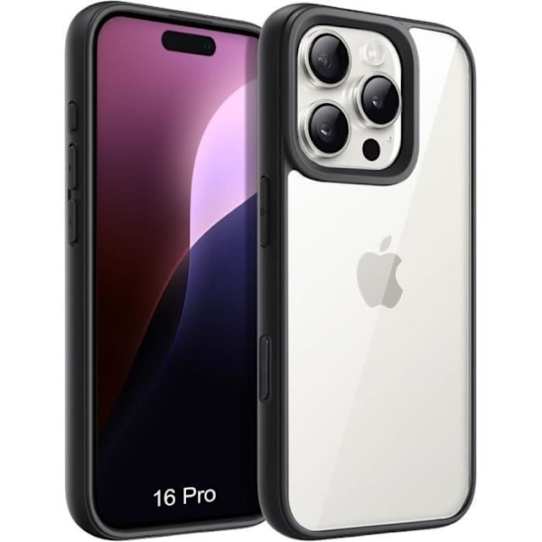 Cover til iPhone 16 Pro - Stødsikker sort silikonebeskyttelse med gennemsigtig pc-bagside