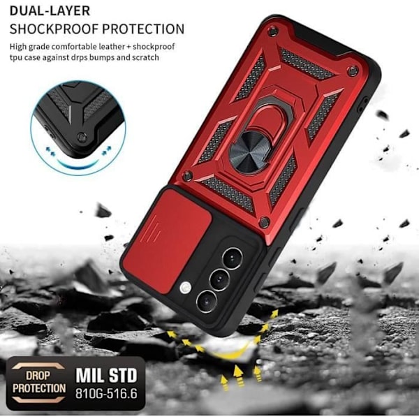 Fodral för Samsung S21 FE (6,4") Red Army Style Anti-Scratch Ring Baksida Stötsäker Hård Styv Röd
