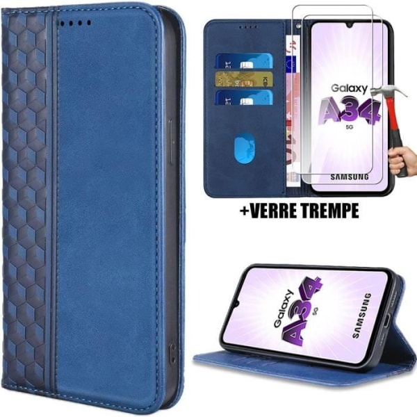 Fodral + 2 härdade glasögon för Samsung Galaxy A34 5G, repskyddande lädereffekt Marinblå Elegant lyxig magnetisk marinblå