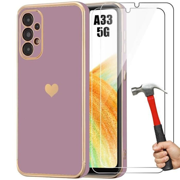 Fodral + 2 härdade glasögon för Samsung Galaxy A33 5G, stötsäkert TPU silikonfodral med pläterat kärlekshjärtamönster - lila