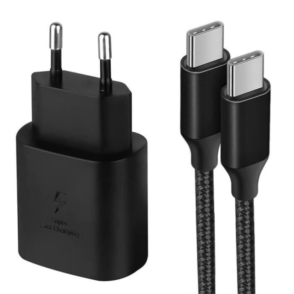 25W PD-laddare + 1M nylon USB-C till USB-C-kabel för Samsung Galaxy A54 A53 A52 4G-5G A52s A34 A33 A32 - Svart