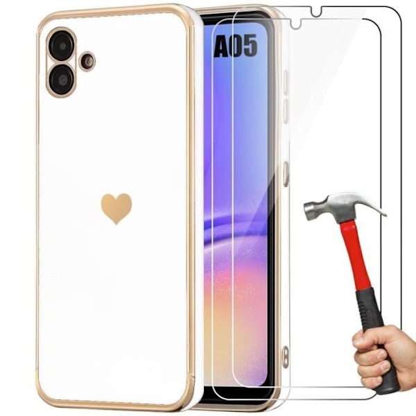 Fodral + 2 härdade glasögon för Samsung Galaxy A05 (ej för A05s), Stötsäker hybridsilikon med guldpläterat hjärtmönster - vit