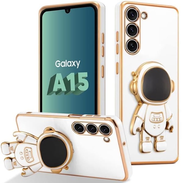 Fodral till Samsung Galaxy A15 4G-5G, vit, stötsäker hybridsilikon med justerbart stativ i 3D-astronautmönster