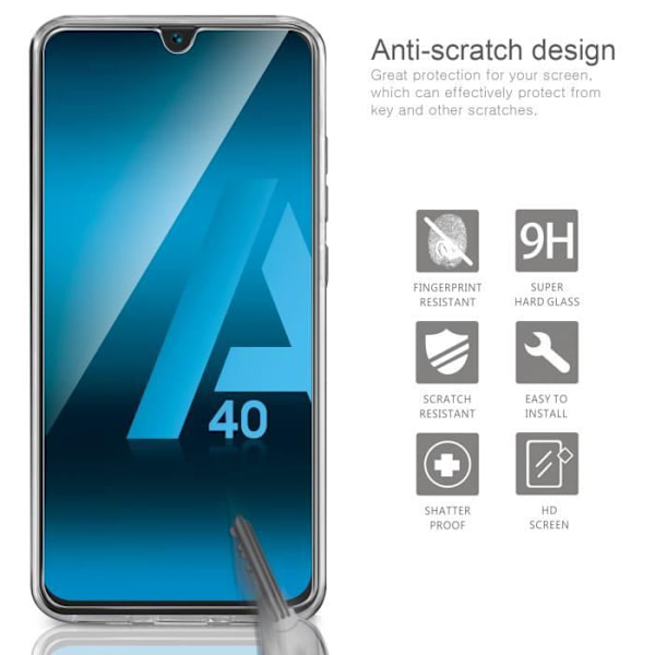 Fodral för Samsung Galaxy A40，Silikontransparent TPU-fodral Skyddsfodral + härdat glasfilm för skydd