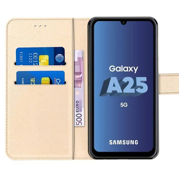 Coque för Samsung Galaxy A25 5G - BOOLING - Stöttålig i Gyllene Syntetiskt Läder - Kortficka och Stöd med 2 Härdat Glas gyllene