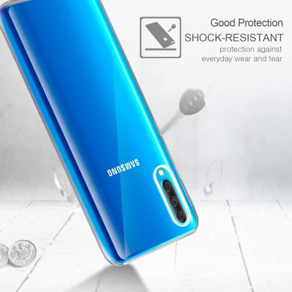 Fodral till Samsung Galaxy A70 - Transparent silikon - Stötskydd - Härdat glasfilm - Mjuk Transparent