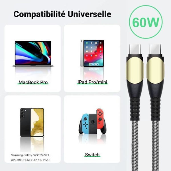 2x 60W snabbladdning USB-C till USB-C-kabel för Samsung Galaxy M13 4G M23 5G M32 M33 M52 5G - Förstärkt nylongrå 1M Grå