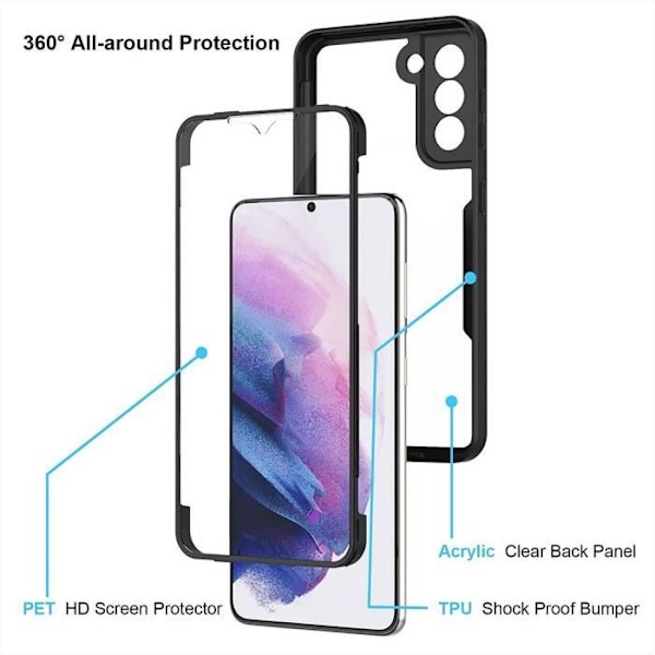 Fodral för Samsung S21 Plus (6,7") Svart 360 graders helkroppsskydd, styv förstärkt kant, fast