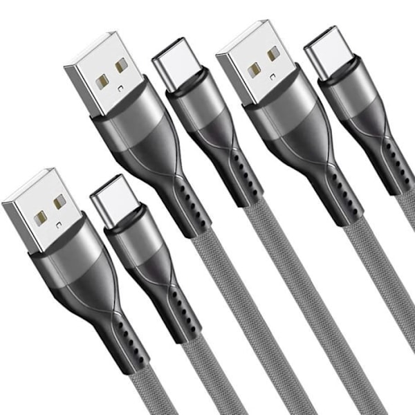 Set av 3 USB-C Snabbladdningskablar 3A för Samsung Galaxy A26 A25 A15 A05s A35 A55 - Förstärkt Grå Vävd Nylon 1M Grå
