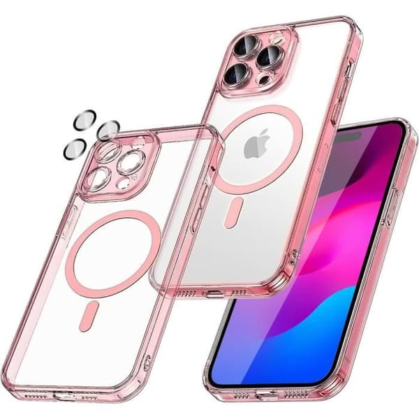 Skyddsskal - för iPhone - 15 Plus - Hårt - Magnetisk Cirkel - Härdat Glas Rosa