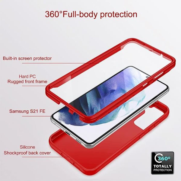 360 Fodral för Samsung S21 FE, Full Hybrid Anti-Scratch Protection Röd Röd