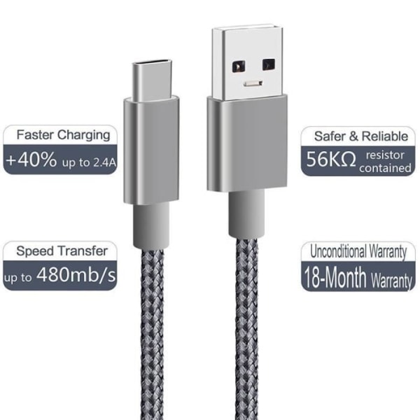 USB typ C-kabel, (2-pack 2M), (mörkgrå), nylonflätad snabbladdningssladd USB A till USB C-kabelsladd för Samsung