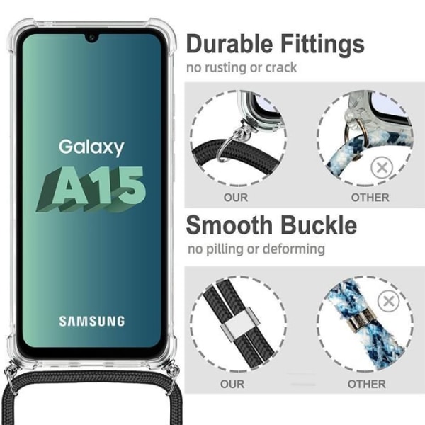 Crossbody-fodral för Samsung Galaxy A15 4G-5G, repskydd förstärkta hörn + turkos axelrem Klar, turkos