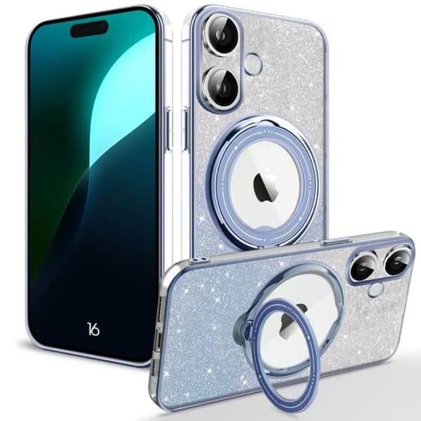Skyddsskal - BOOLING - för iPhone 16 - Silikon - Magnetiskt stativ - Blå glitter Blå