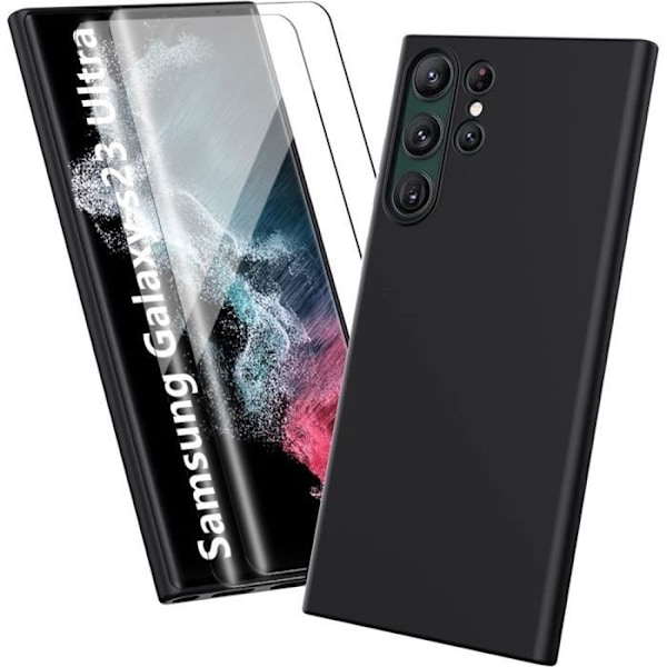 Fodral för Samsung S23 Ultra med 2 härdade glasögon Stötsäker mjukt och tåligt svart silikon Svart