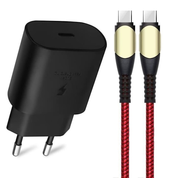 25W snabbladdare + 60W USB-C-kabel Röd Nylon 1M för Samsung Galaxy M13 M23 5G M32 M33 M52 5G Svart
