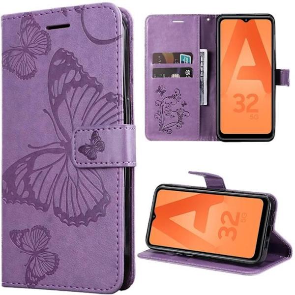 Coque - Samsung - Galaxy A32 5G - Stötsäker - Lila Läderlook - Fjärilsmönster Lila