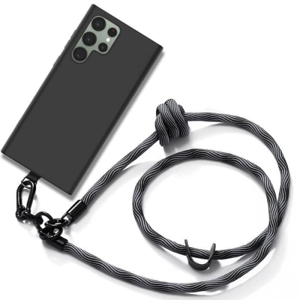 Halsbandsfodral till Samsung Galaxy S23 Ultra - Stötsäker svart silikon med grå robust lina