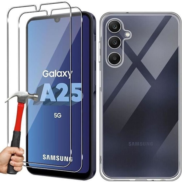 Skyddande skal - BOOLING - Samsung Galaxy A25 5G - Mjuk silikon - Transparent - 2 Härdade glas Transparent