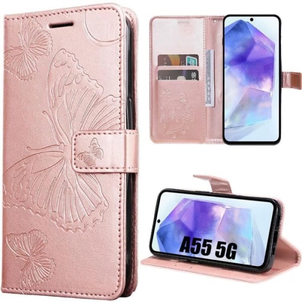 Coque för Samsung Galaxy A05s - BOOLING - Stötsäker - PU-läder - Kortficka - Fjärilsmönster Rosa