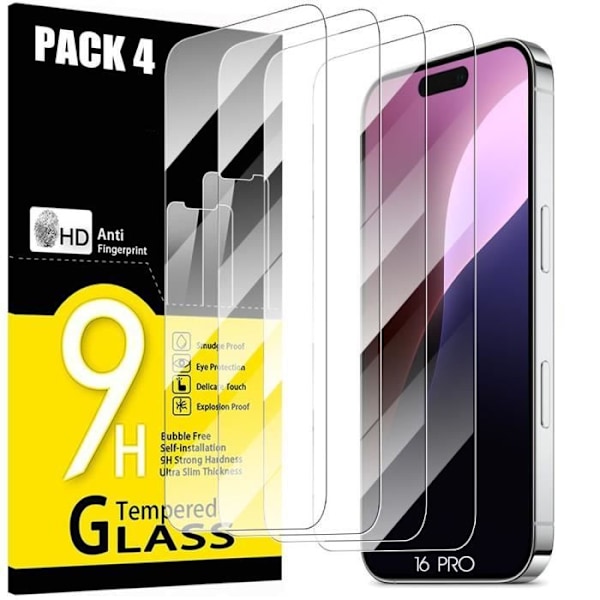 Skärmskydd - Härdat Glas - iPhone 16 Pro - Paket med 4 - Represistent - Enkelt att installera Transparent
