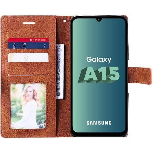 Skyddsfodral - Samsung - Galaxy A15 - Brun PU-läder - 2 Härdat glas - Elegant och retro kastanj