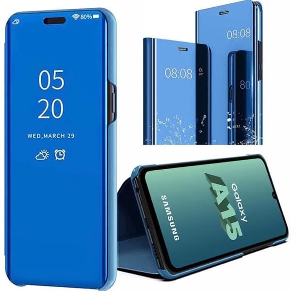 Fodral för Samsung Galaxy A15 4G-5G, 360° stötsäker, Chrome Mirror Effect, Flip Clear View med stativfunktion - Blå Blå