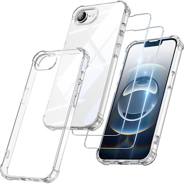 Coque för iPhone 16e - Förstärkt Stötsäker Transparent Silikon + 2 Härdade Glas Transparent