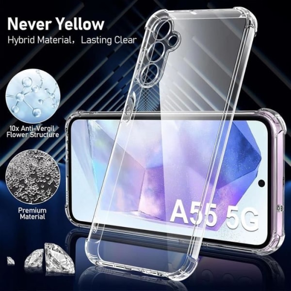 Fodral till Samsung Galaxy A55 5G - Transparent stötsäker TPU + 2 skyddsglas av härdat glas Transparent