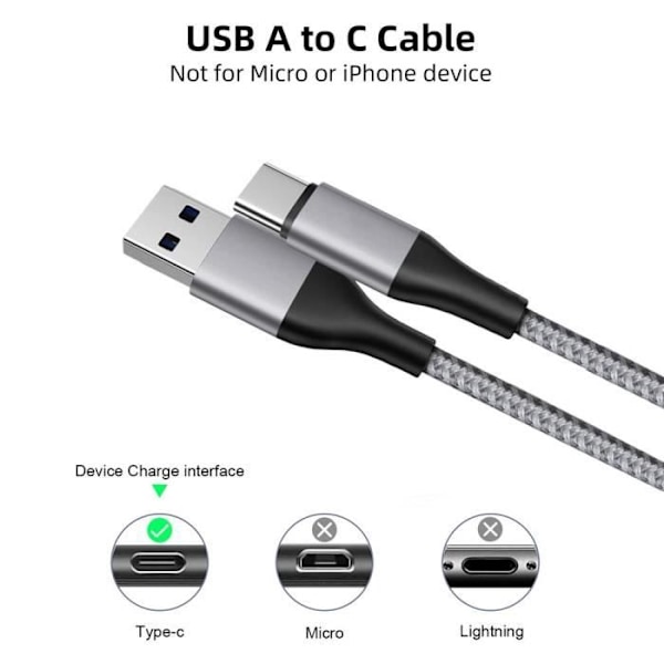 2x Snabbt USB-C Nylon-kabel 3A för Samsung Galaxy A26 A25 A15 A05s A35 A36 A55 A56 - Grå 1 Meter Grå