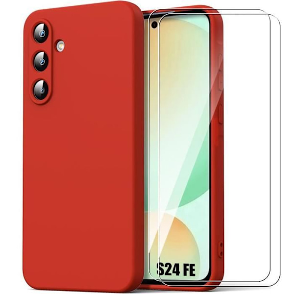 Fodral + 2 härdade glasögon för Samsung Galaxy S24 FE (ej för S24) - Mjukt anti-skrapa flytande silikonskydd Röd