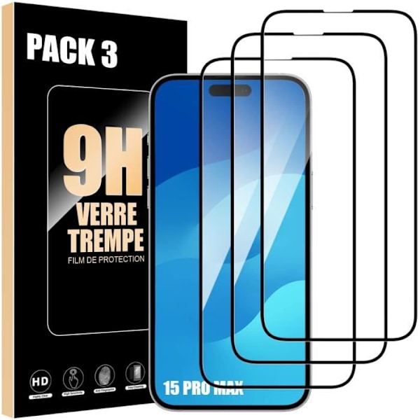 Härdat Glas - BOOLING - iPhone 15 Pro Max - Paket med 3 - Rep resistant - Skydd 9H Transparent med svart kant