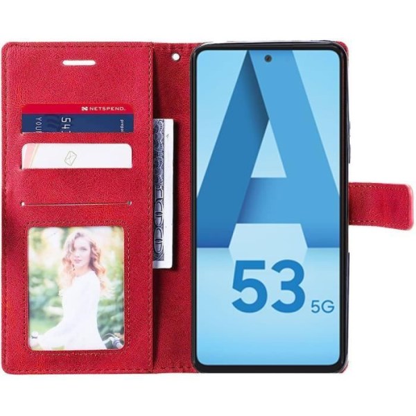 Coque - Samsung - Galaxy A53 5G - Retro PU Läder - 2 Härdat Glas - Justerbart Stöd Röd