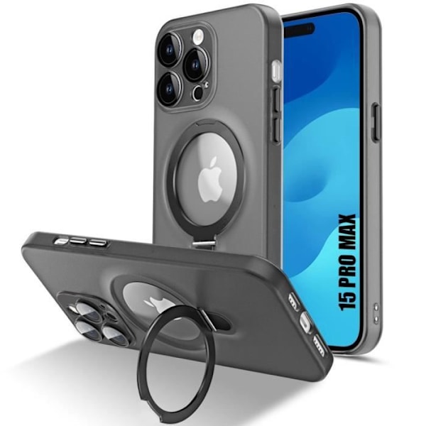 Fodral för iPhone 15 Pro Max, genomskinligt svart stötsäkert skydd med roterande magnetstativ och kameraskydd Svart