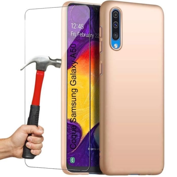 Fodral för Samsung A50 (6,4") Set med 2 härdade glasögon Enkelt anti-chock silikonskydd guld gyllene