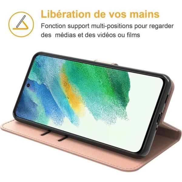 Coque för Samsung S21 FE (6,4") + 2 Härdade Glas, Rosa Represistent Skal Enfärgad Läder Effekt Rosa