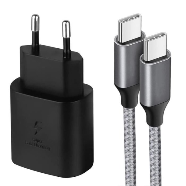 25W USB-C laddare + grå 1M USB-C till USB-C nylonkabel för Samsung Galaxy A32 4G-5G A34 A33 A54 A53 A52 4G-5G A52s