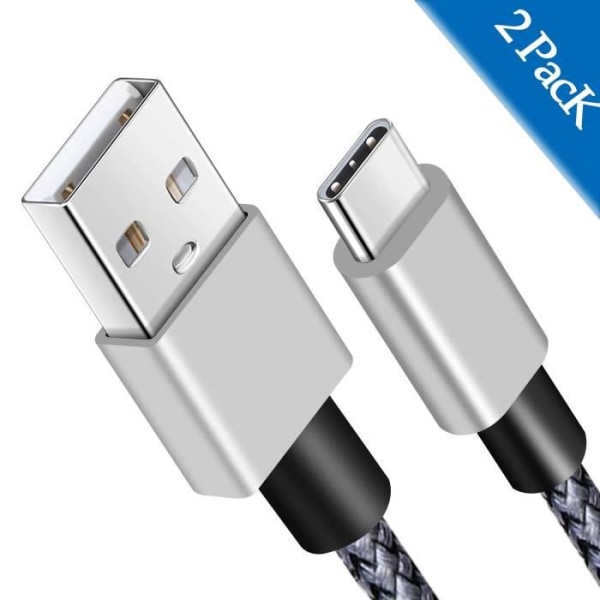 USB typ C-kabel, grå, (2M 2M), lång nylonflätad sladd USB typ A till C-laddarsladd för Samsung Galaxy S8 Plus, Ga