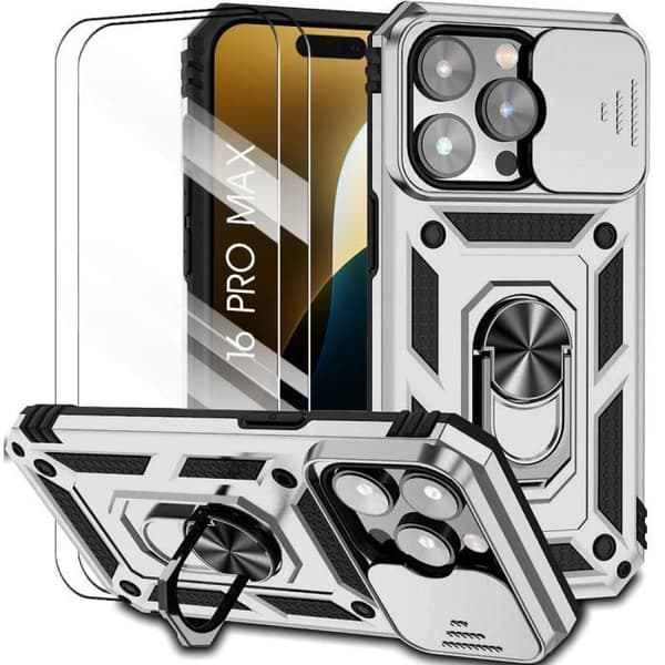 Skyddsskal - BOOLING - för iPhone 16 Pro Max - Hårt Antichock - Silver - 2 Härdade Glas Silver