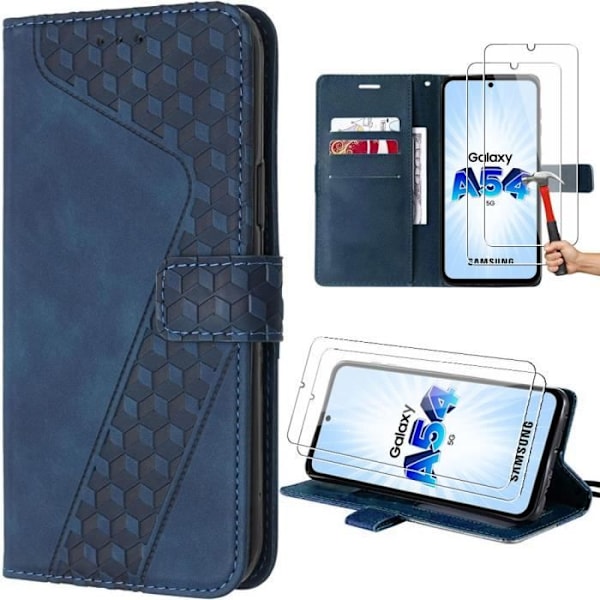 Skyddsfodral - Samsung - Galaxy A54 5G - Stötabsorberande - Pr präglat PU-läder - 2 Härdat glas marinblå