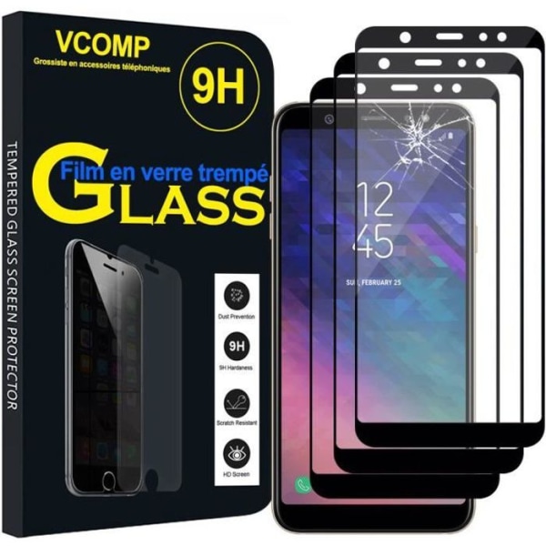 VCOMP - För Samsung Galaxy A6+- A6 Plus (2018) 6.0" - Förpackning med 3x skärmskydd av färghärdat glas - SVART