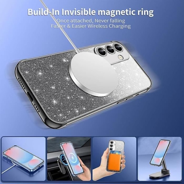 Cover og 2 Dyppede Glas til Samsung Galaxy S25, Glitrende Beskyttelse med Magnetisk Ring - Sort