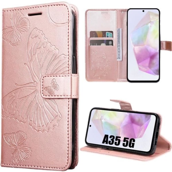 Skyddande skal - Samsung - Galaxy A35 5G - Rosa - Prägling i läder - Fjärilsmönster Rosa