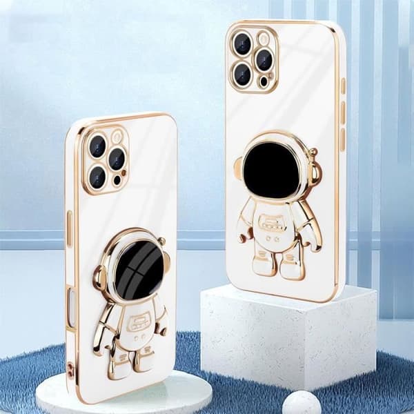 Fodral för iPhone 16 Pro Max - Vit - Astronautmönster - Flexibelt silikon - Stötsäker - Justerbart stativ Vit