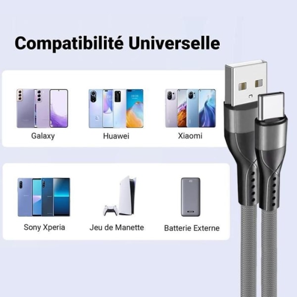 Förpackning med 3 Snabb USB-C Kabel 3A för Xiaomi Redmi Note 14 Pro 13 Pro, Note 13 5G, Redmi 13C 14C - 1 Meter Grå Nylon Tunn Flätad Grå