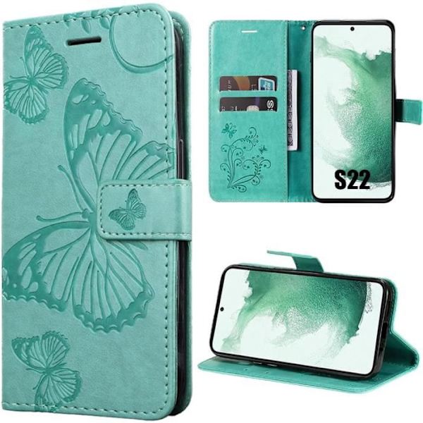 Fodral till Samsung Galaxy S22, grönt lädereffekt Magnetisk stängning fjärilsmönster