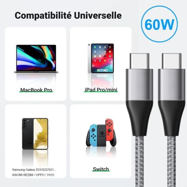 USB-C till USB-C-kabel 3A Snabbladdning för Samsung Galaxy A32 4G-5G A34 A33 A54 A53 A52 4G-5G A52s - Förstärkt nylongrå 1M