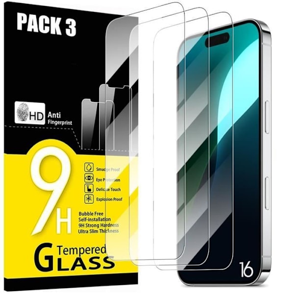 Härdat glas för iPhone 16 - Enkel installation Anti-Scratch Pack om 3 Transparent