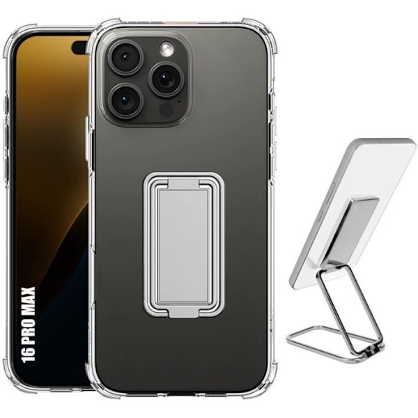 Fodral för iPhone 16 Pro Max, Slim Transparent Silikon med justerbart Silver Metal Stand